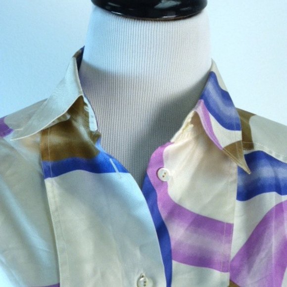 SALVATORE FERRAGAMO silk print shirt + scarf tie 6 vintage oversized white pink - Picture 3 of 7